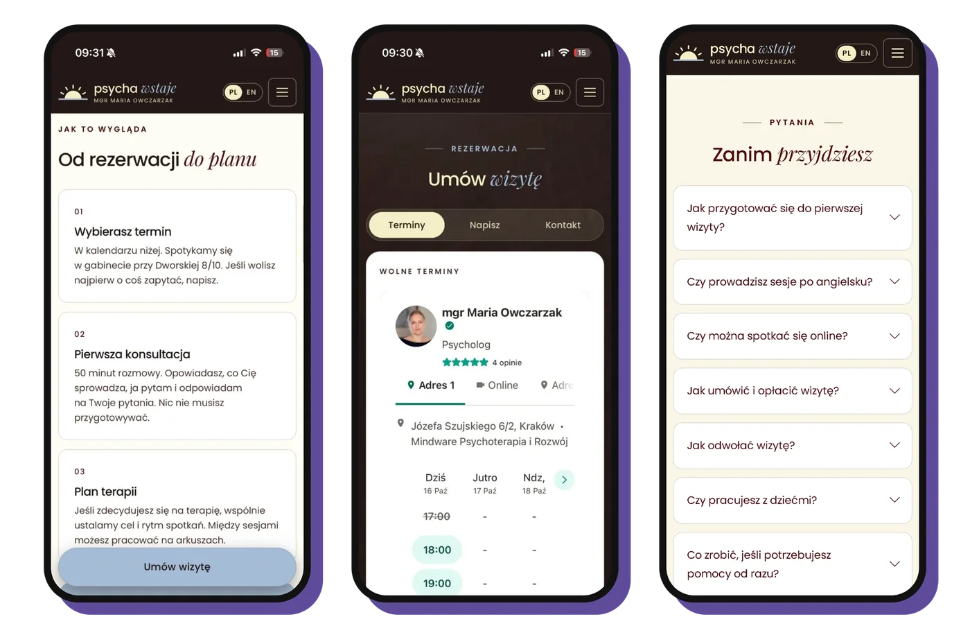 Trzy ekrany strony na telefonie: kroki, kalendarz wizyt, pytania